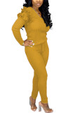 Yellow Sexy Solid O Neck Long Sleeve Regular Two Pieces