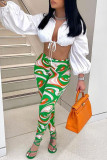 Green Sexy Casual Print Bandage Turndown Collar Long Sleeve Two Pieces