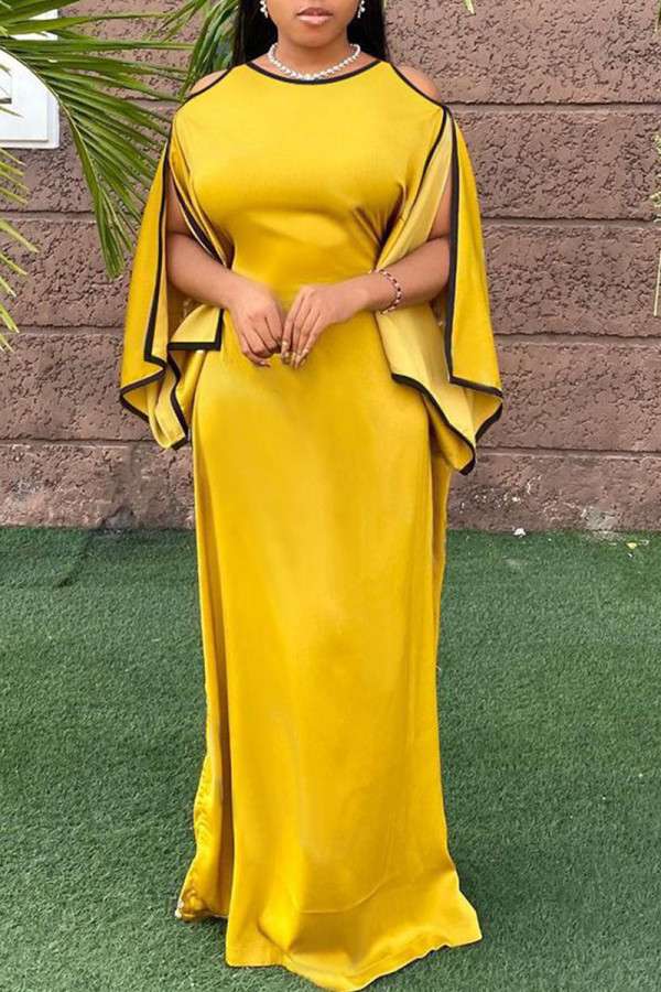 Yellow Elegant Solid Patchwork O Neck Straight Dresses