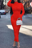 Red Sexy Print Split Joint Turtleneck Pencil Skirt Dresses