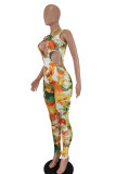 Yellow Fashion Sexy Print Hollowed Out Skinny Jumpsuits