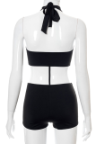 Black Sexy Solid Hollowed Out Halter Skinny Rompers