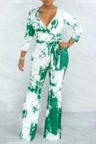Green Casual Print Solid Tie Dye Bandage Split Joint V Neck Straight Jumpsuits