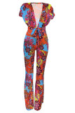 Multicolor Fashion Casual Print Basic V Neck Regular Jumpsuits