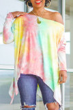 Multicolor Fashion Casual Print Tie Dye Asymmetrical Oblique Collar Tops