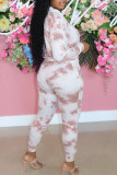 Pink Casual Print Tie Dye Patchwork V Neck Long Sleeve Two Pieces