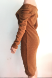Brown Sexy Solid Make Old Square Collar Pencil Skirt Dresses