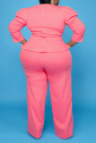 Pink Casual Solid Bandage Split Joint O Neck Plus Size Two Pieces