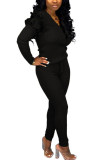 Black Sexy Solid O Neck Long Sleeve Regular Two Pieces