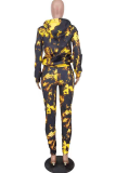 Lemon Yellow Casual Patchwork Tie-dye Hooded Collar Long Sleeve Two Pieces