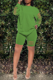 Green Sexy Solid Split Joint O Neck Long Sleeve Two Pieces