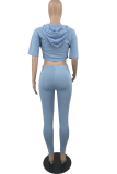 Sky Blue Casual Solid Patchwork Hooded Collar Half Sleeve Two Pieces