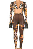 Red Fashion Sexy Print Hollowed Out See-through V Neck Long Sleeve Two Pieces