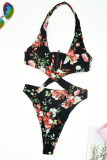 White Green Sexy Print Hollowed Out Patchwork Swimwears