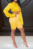 Yellow Casual Solid Split Joint Hooded Collar Long Sleeve Two Pieces