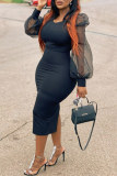 Black Fashion Sexy Solid Patchwork See-through O Neck Long Sleeve Dresses