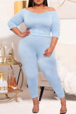 Light Blue Casual Solid Split Joint Zipper Off the Shoulder Three Quarter Two Pieces
