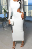 White Fashion Sexy Solid Hollowed Out O Neck Long Sleeve Dresses