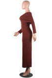 Brown Sexy Casual Solid Patchwork Backless Off the Shoulder Long Sleeve Dresses