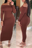 Brown Sexy Casual Solid Patchwork Backless Off the Shoulder Long Sleeve Dresses