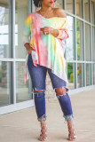 Multicolor Fashion Casual Print Tie Dye Asymmetrical Oblique Collar Tops