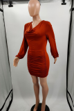 Brown Sexy Solid Patchwork V Neck Pencil Skirt Dresses