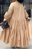 Khaki Casual Solid Split Joint Turndown Collar Cake Skirt Plus Size Dresses (Without Belt)