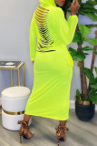 Yellow Fashion Casual Solid Ripped Shirt Collar Long Sleeve Dresses