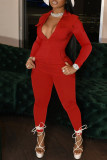 Blue Fashion Casual Solid Basic Turndown Collar Skinny Jumpsuits