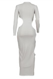 White Fashion Sexy Solid Hollowed Out O Neck Long Sleeve Dresses