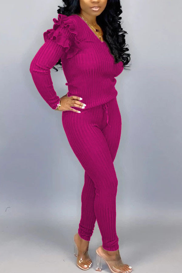 rose red Sexy Solid O Neck Long Sleeve Regular Two Pieces