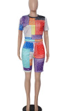 Multicolor Casual Print Patchwork O Neck Short Sleeve Two Pieces