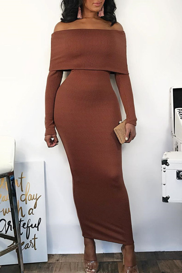 Brown Sexy Casual Solid Patchwork Backless Off the Shoulder Long Sleeve Dresses