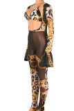 Red Fashion Sexy Print Hollowed Out See-through V Neck Long Sleeve Two Pieces