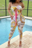 White Fashion Sexy Print Bandage Hollowed Out Backless Strapless Skinny Jumpsuits