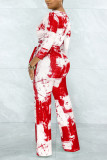 Red Casual Print Solid Tie Dye Bandage Patchwork V Neck Straight Jumpsuits