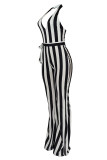Black White Sexy Casual Striped Print Backless Halter Regular Jumpsuits