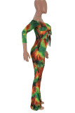 Multi-color Sexy Print Tie Dye Hollowed Out Split Joint Off the Shoulder Straight Jumpsuits