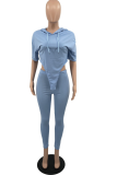 Sky Blue Casual Solid Patchwork Hooded Collar Half Sleeve Two Pieces