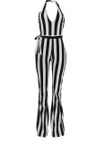 Black White Sexy Casual Striped Print Backless Halter Regular Jumpsuits