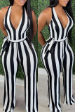 Black White Sexy Casual Striped Print Backless Halter Regular Jumpsuits