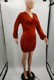Brown Sexy Solid Patchwork V Neck Pencil Skirt Dresses