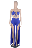 Blue Sexy Solid Hollowed Out Strapless Sleeveless Two Pieces