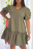 Rose Red Casual Solid Patchwork V Neck Cake Skirt Dresses