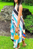 Blue Casual Striped Print Patchwork Asymmetrical O Neck Irregular Dress Dresses