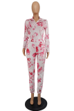 Rose Red Casual Patchwork Tie-dye Turndown Collar Long Sleeve Two Pieces (Only adult clothes)