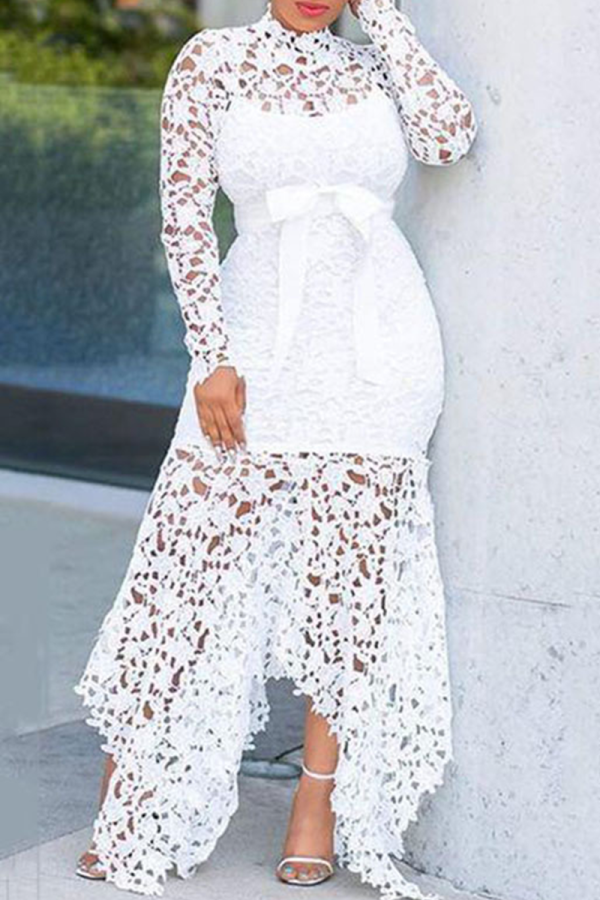 White Sexy Solid Lace O Neck Irregular Dress Dresses