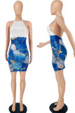 Blue Sexy Print Split Joint Backless Halter Pencil Skirt Dresses