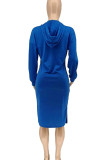 Blue Casual Solid Patchwork Slit Hooded Collar Straight Dresses