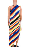 Blue Casual Striped Print Patchwork Asymmetrical O Neck Irregular Dress Dresses